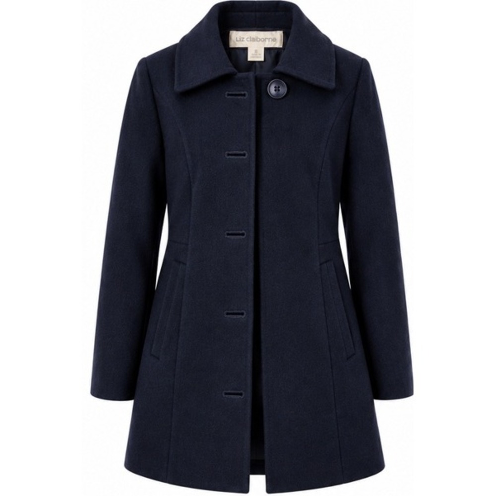 Liz Claiborne Black Wool Blend Pea Coat Jacket Women Size 8 Mid Length Mininmal